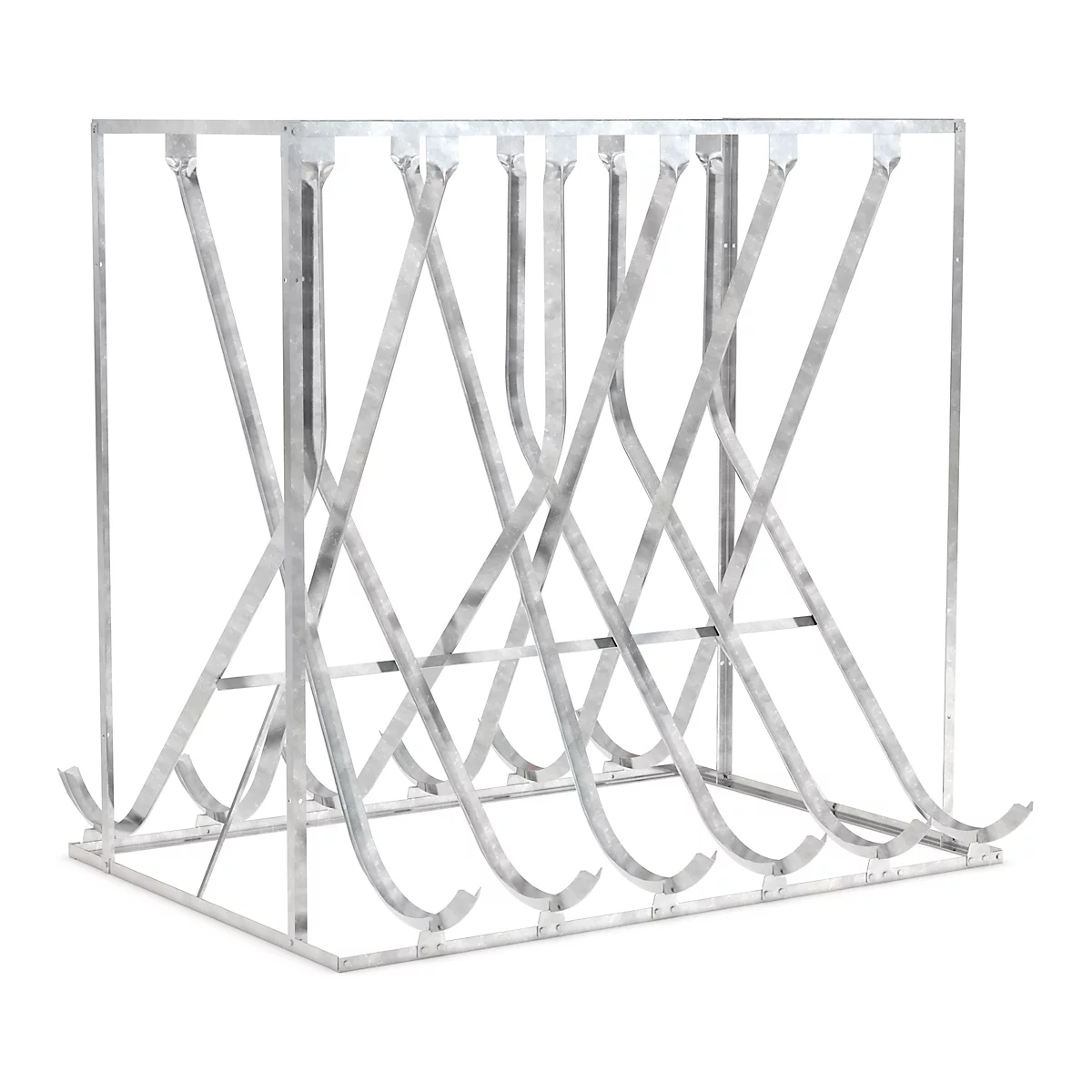 Metal wine rack with curved supports on a white background.