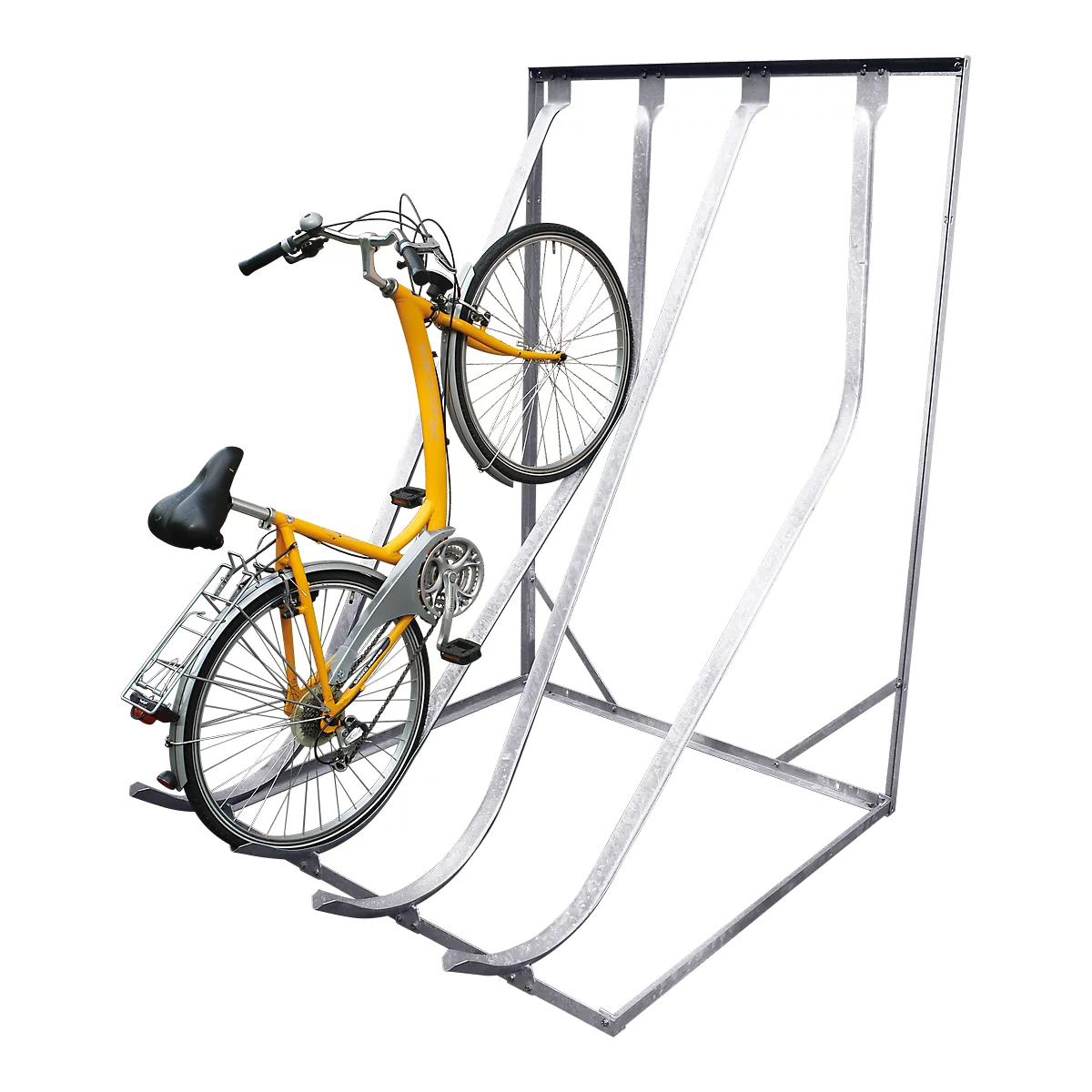 Yellow bicycle in a metal bike rack. The rack has curved rails that make parking easier.