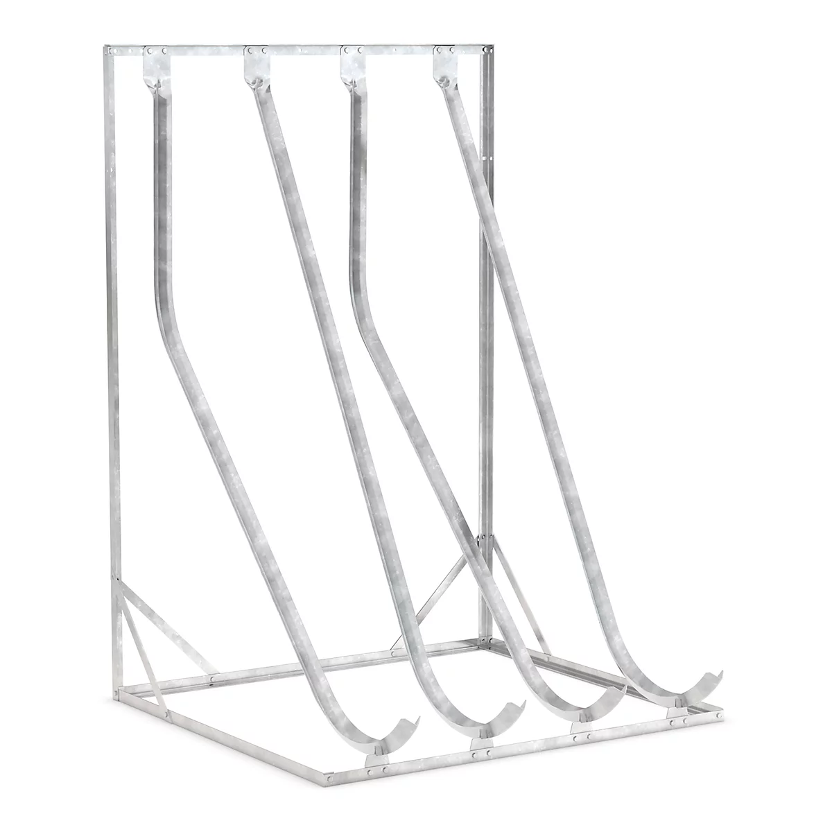 Gray metal structure designed to store items such as bicycle tires. It consists of a rectangular frame and rounded bars.