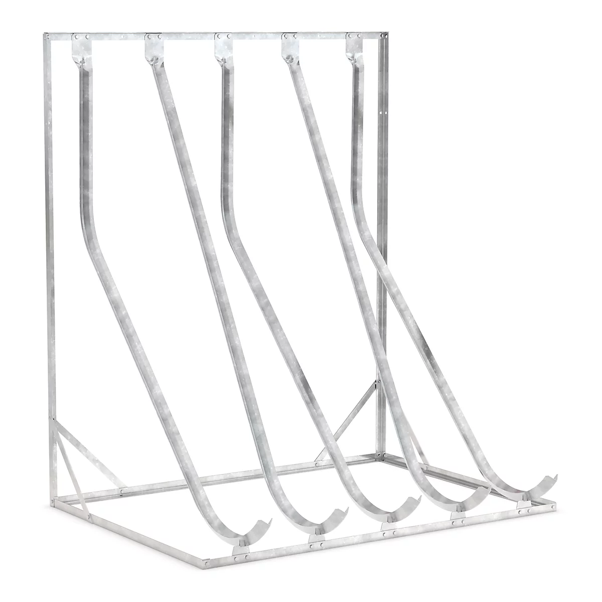 A silver bike rack with four curved supports. It stands against a white background.