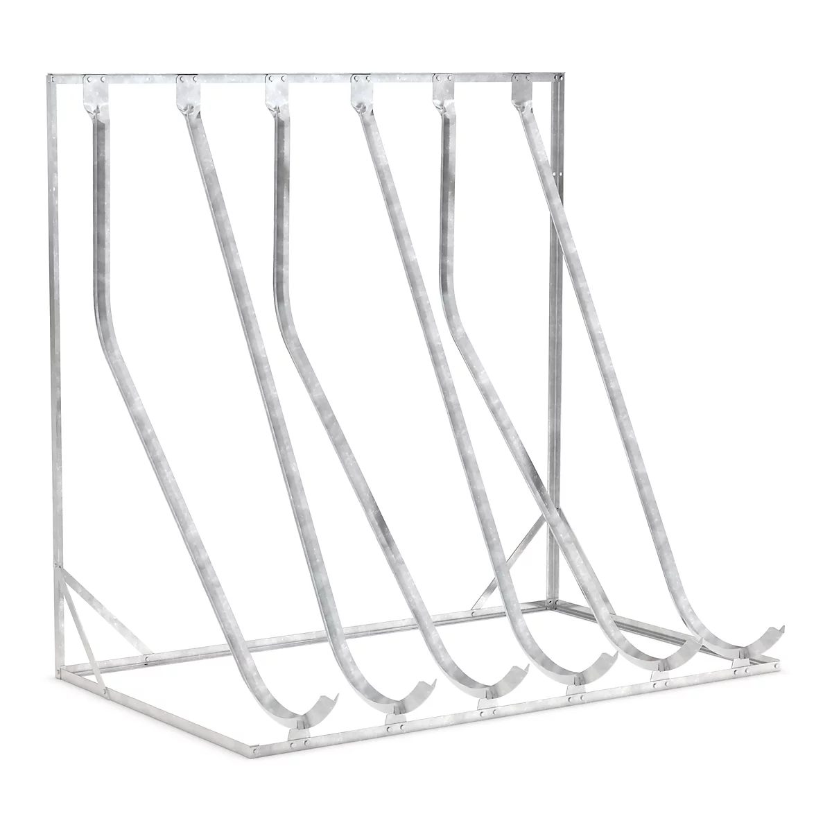 Metal magazine rack with five compartments, silver colored, with rounded edges.