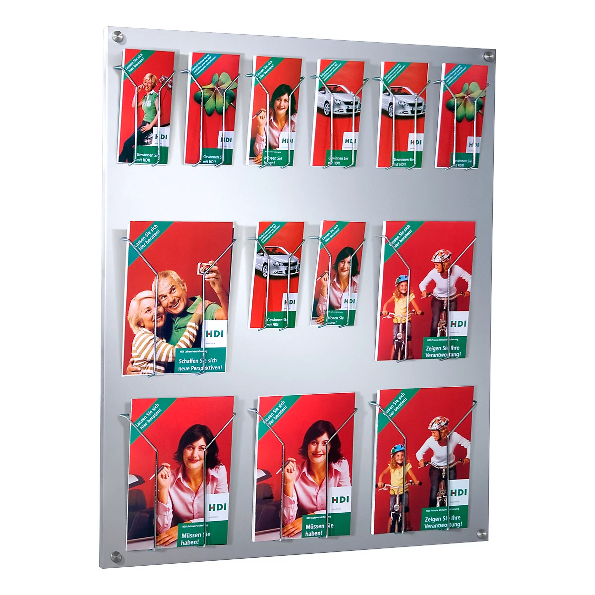 Advertising display with various information cards. Red backgrounds with people, cars and bicycles. HDI logo.