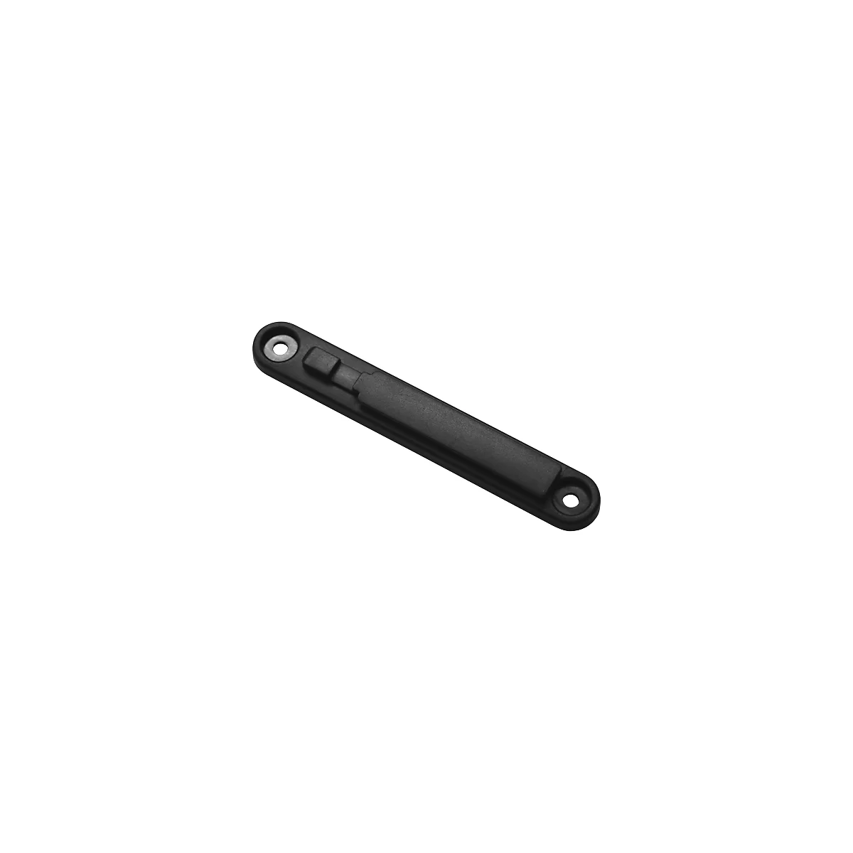 Black, elongated plastic part with a button and two holes.