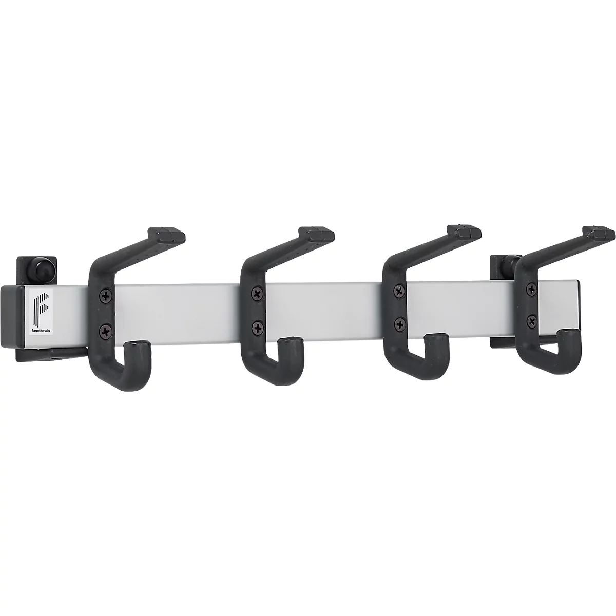 Wall-mounted coat rack with four black hooks on a silver bar. A logo is on the left end.