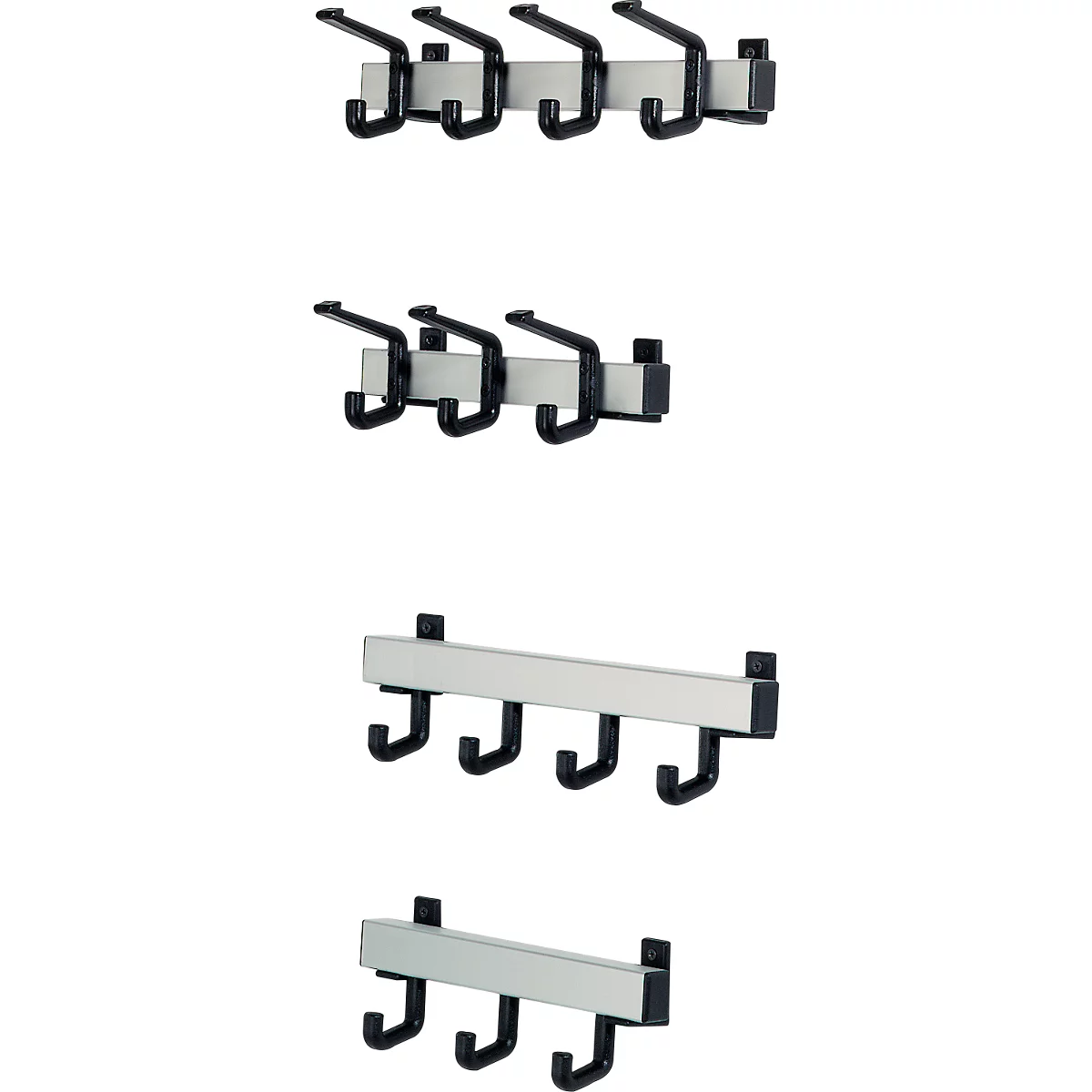 Coat racks in different sizes. Silver mounting with black hooks.