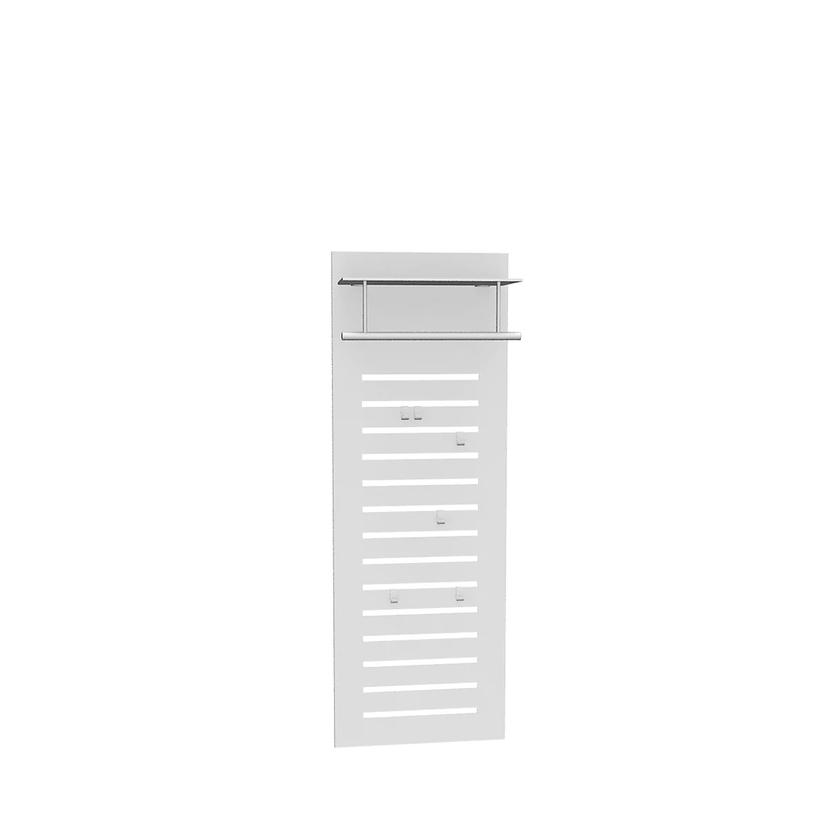 A white radiator with horizontal slots and two towel racks.