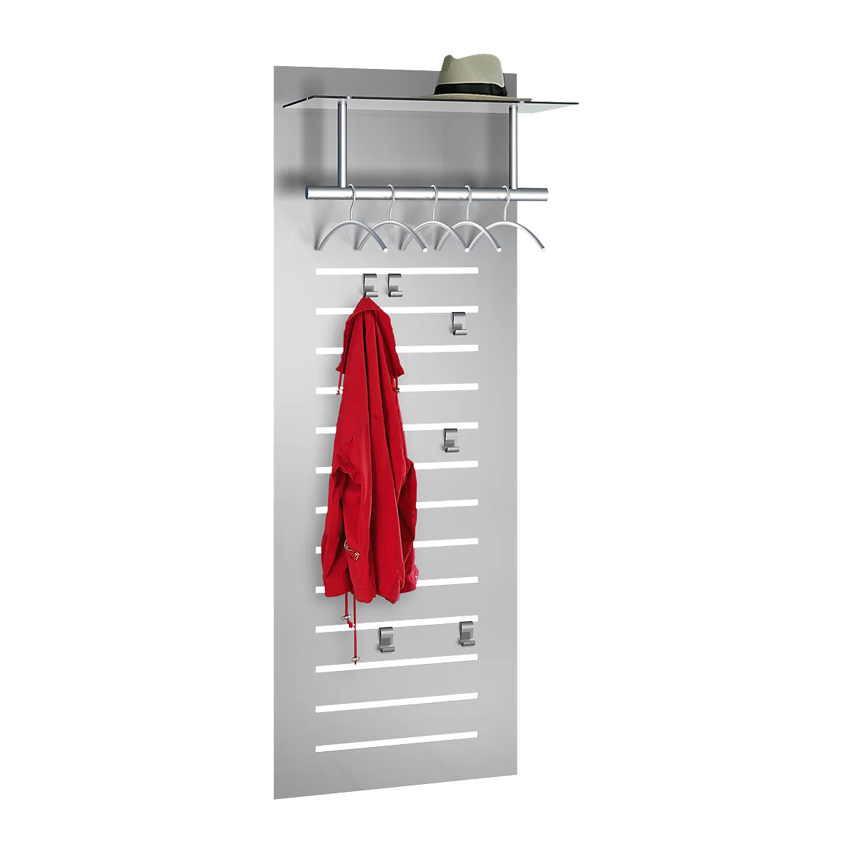 Grey wall coat rack with hat shelf and clothes hooks. Red coat hanging on a hook.