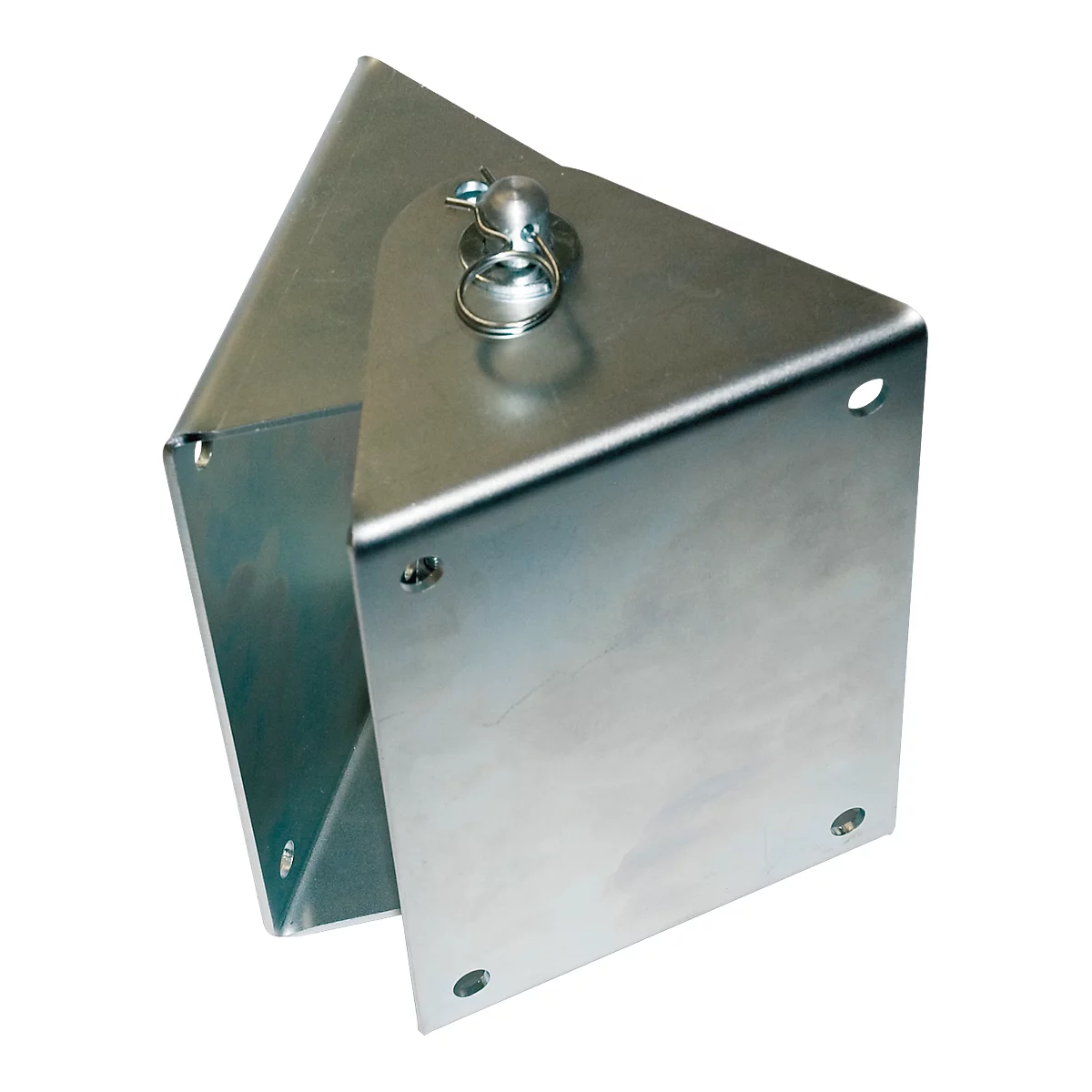 Metal bracket, silver-colored, with bolt and split ring.