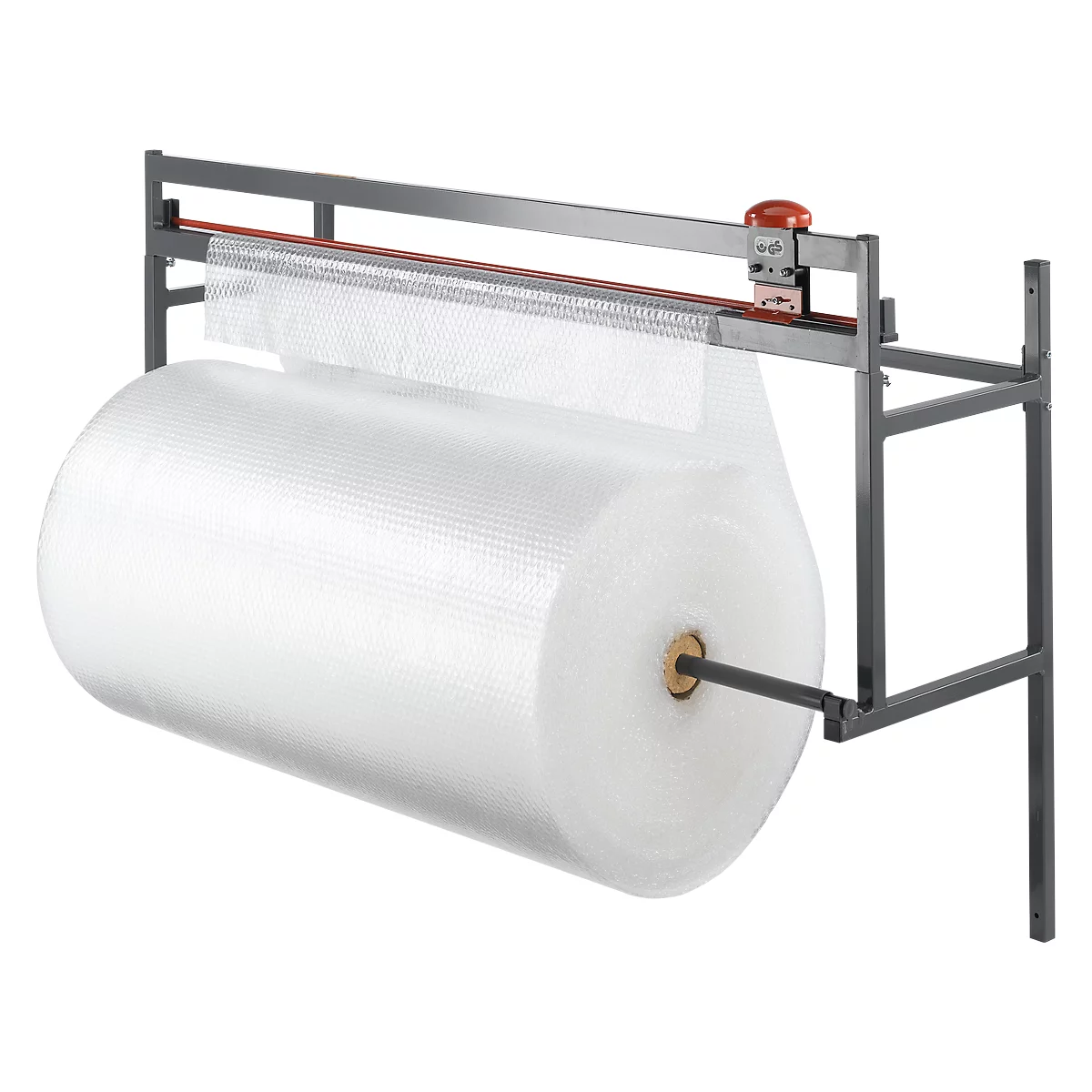 A packaging machine with a large roll of bubble wrap, ready to cut.