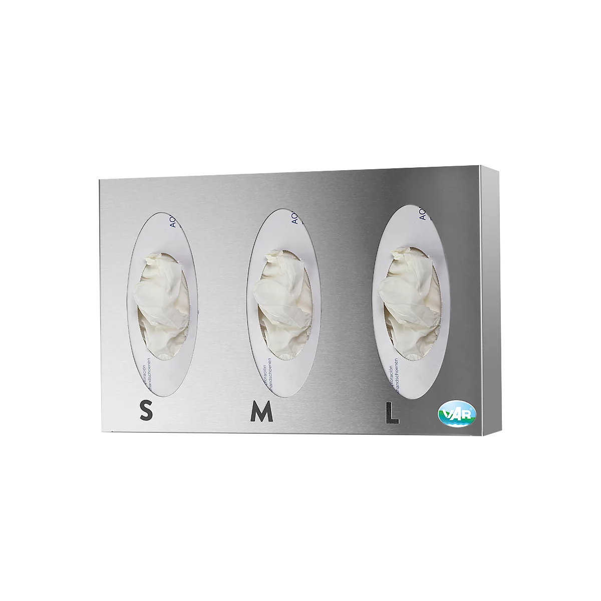 Stainless steel glove dispenser with three openings for glove sizes S, M and L.