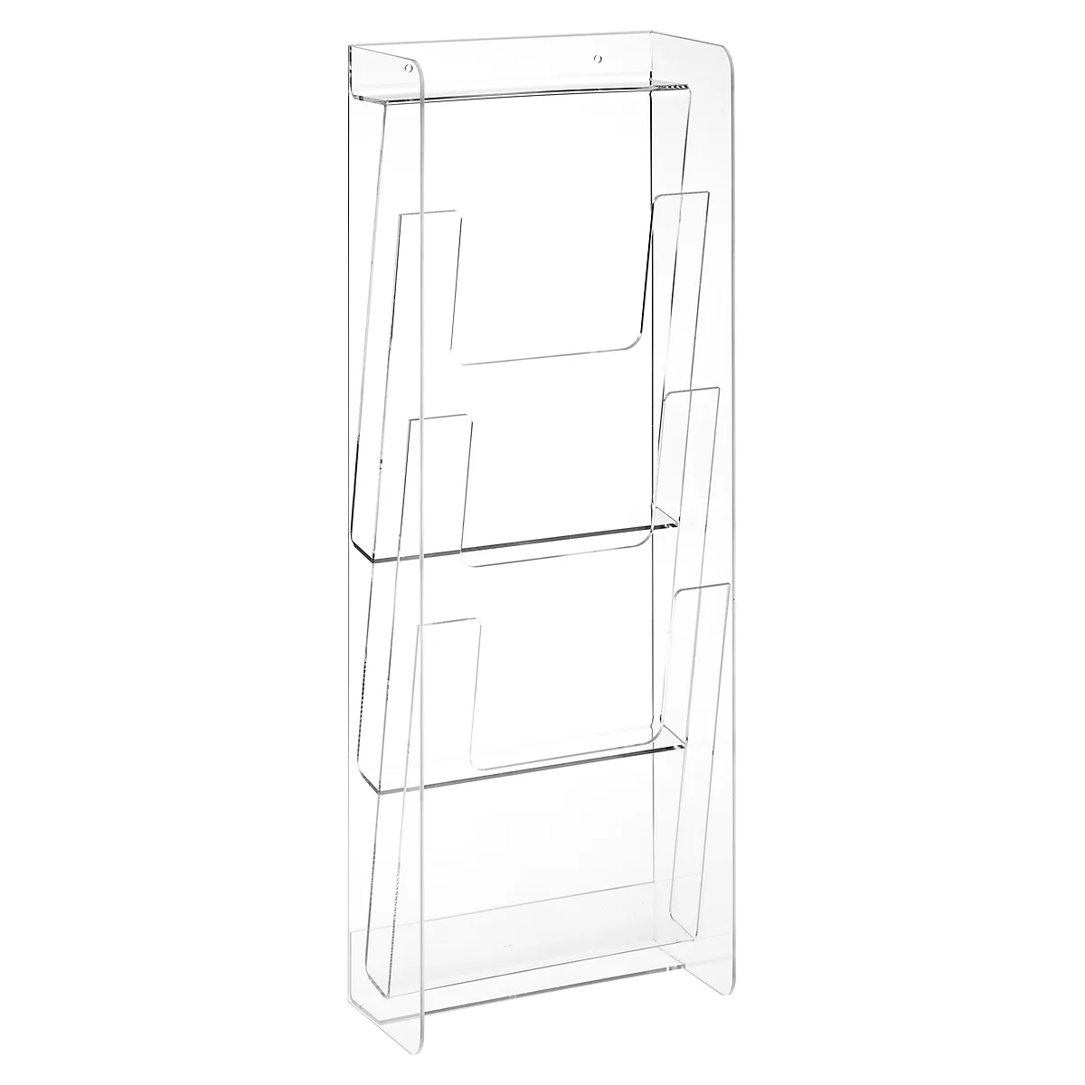 Transparent acrylic brochure holder with multiple compartments for brochures and flyers.