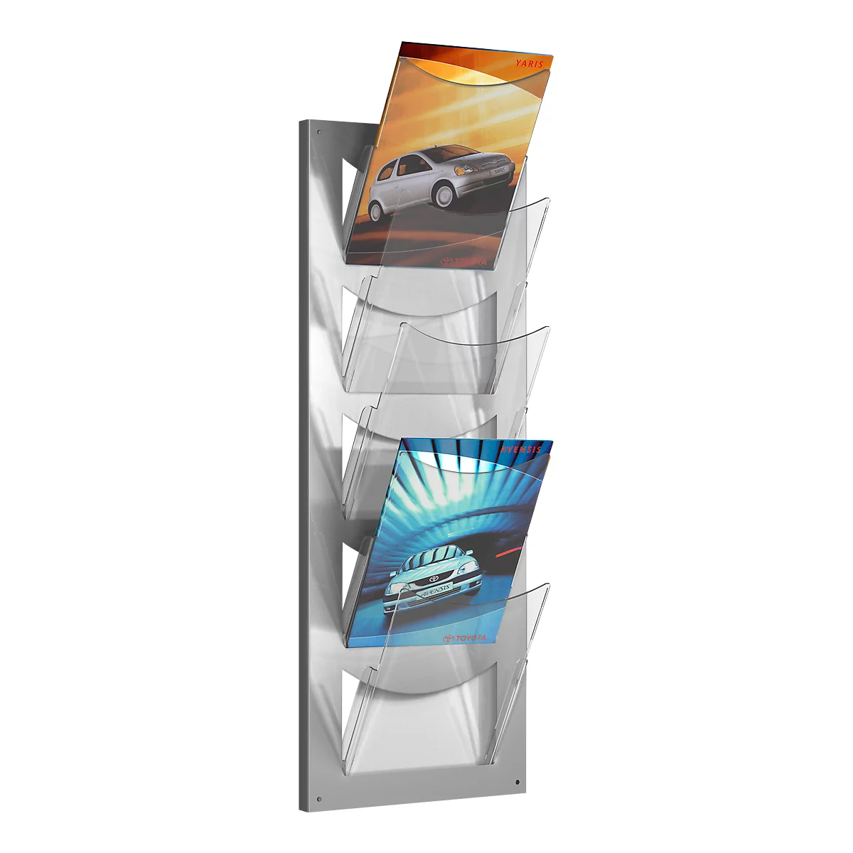 Gray magazine rack with four compartments, filled with magazines, one showing a car.