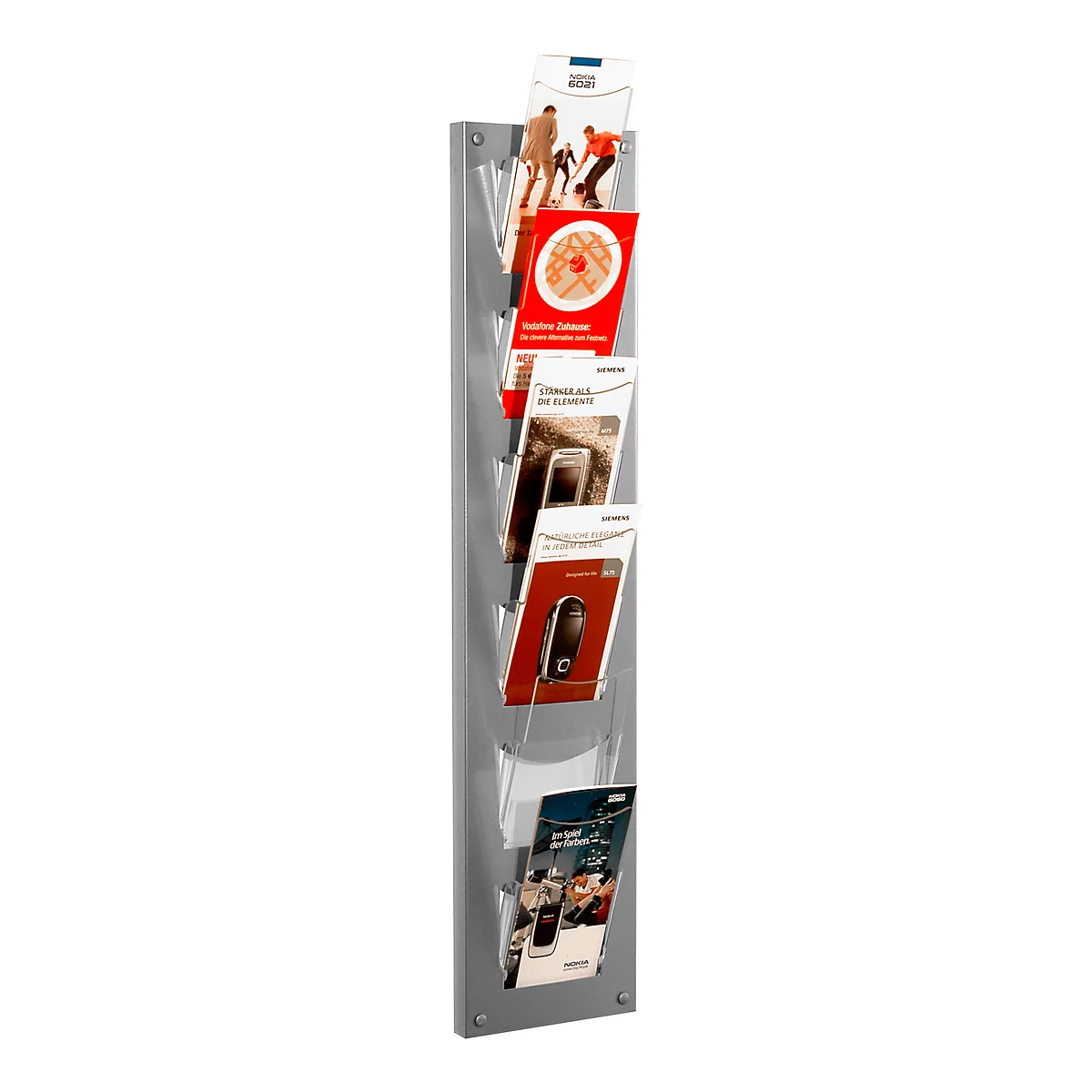 Gray brochure holder with various colorful brochures.