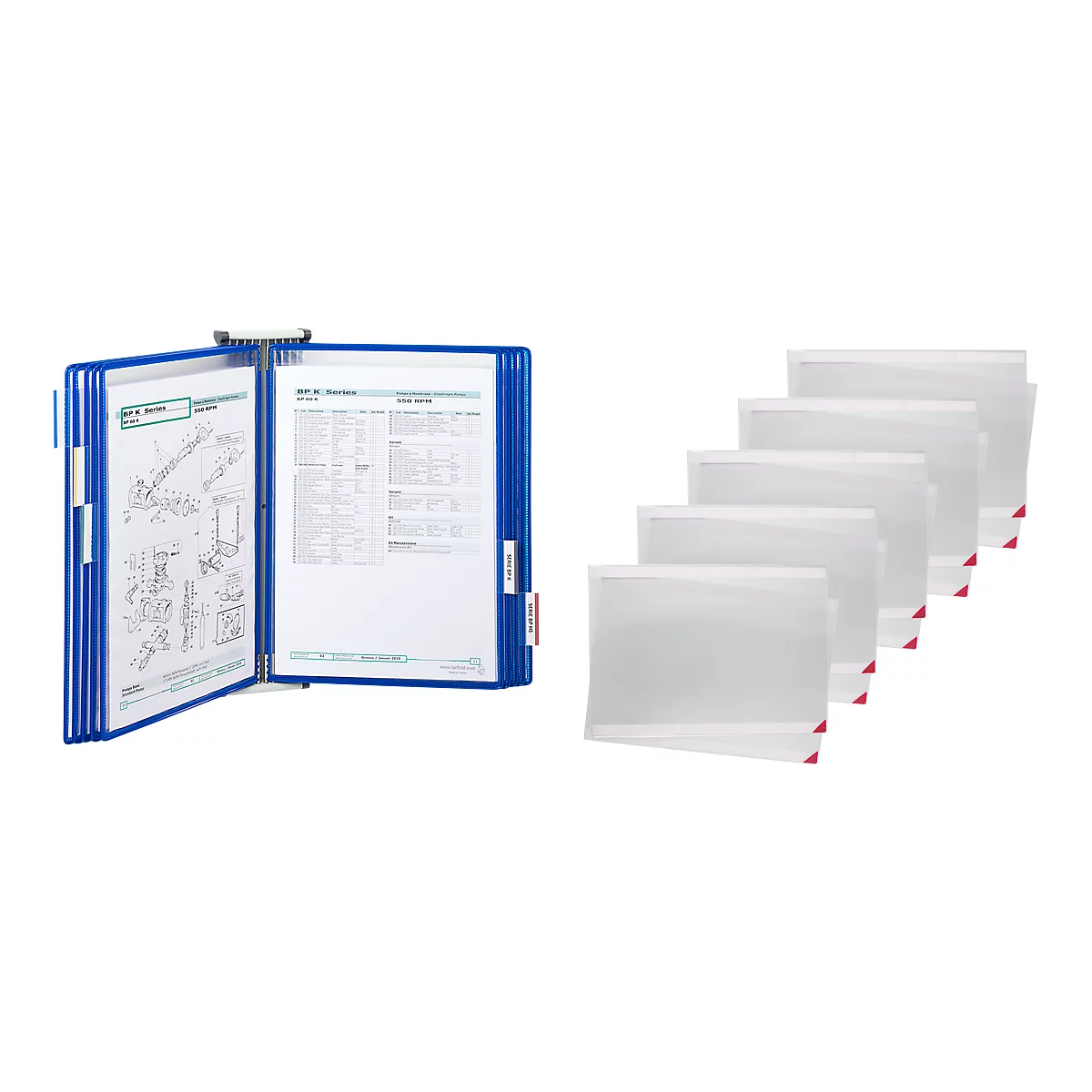 Blue folder with documents, next to transparent sleeves with a red corner.