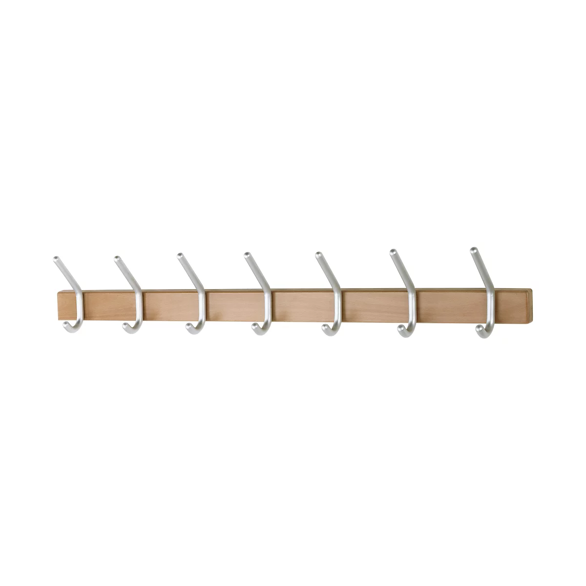 Coat rack with seven metal hooks, attached to a light wood board.