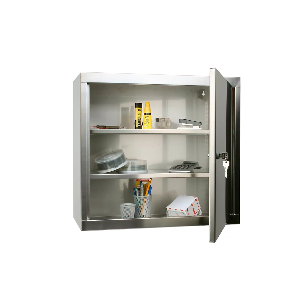 Metal cabinet with open door, filled with office supplies.