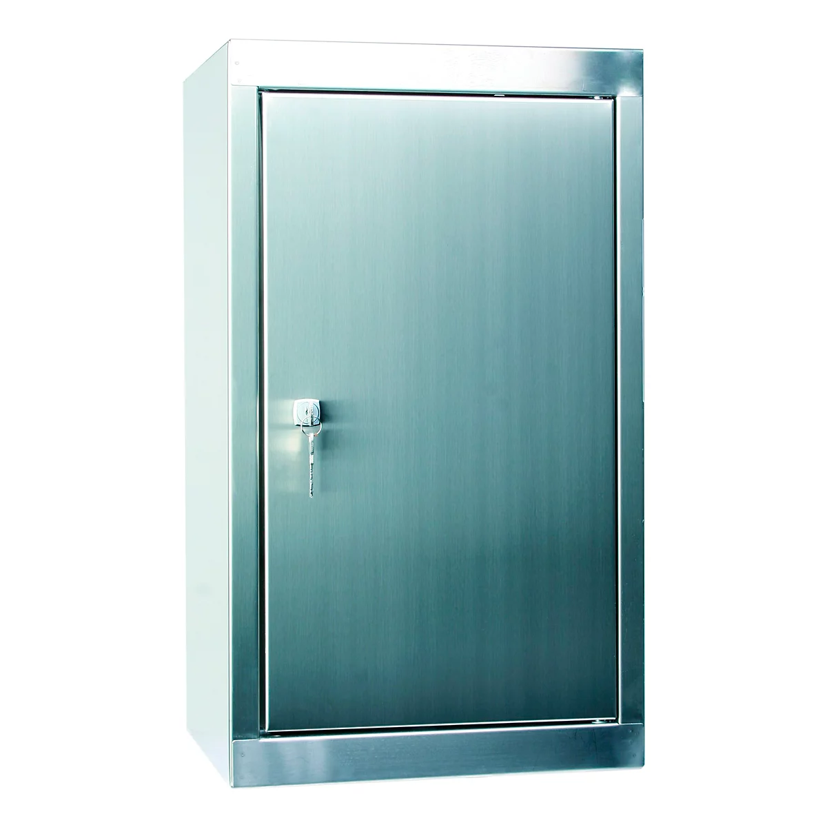 Stainless steel cabinet with door and key.