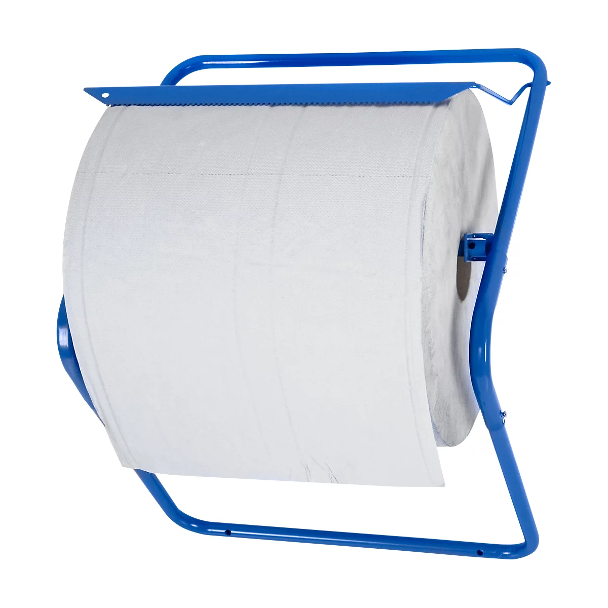 Blue paper towel dispenser with a large roll of paper towels.