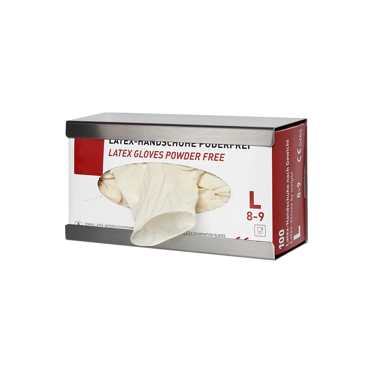 A box of powder-free latex gloves in a metal holder. Text reads: "Latex Gloves Powder Free". A glove is protruding.
