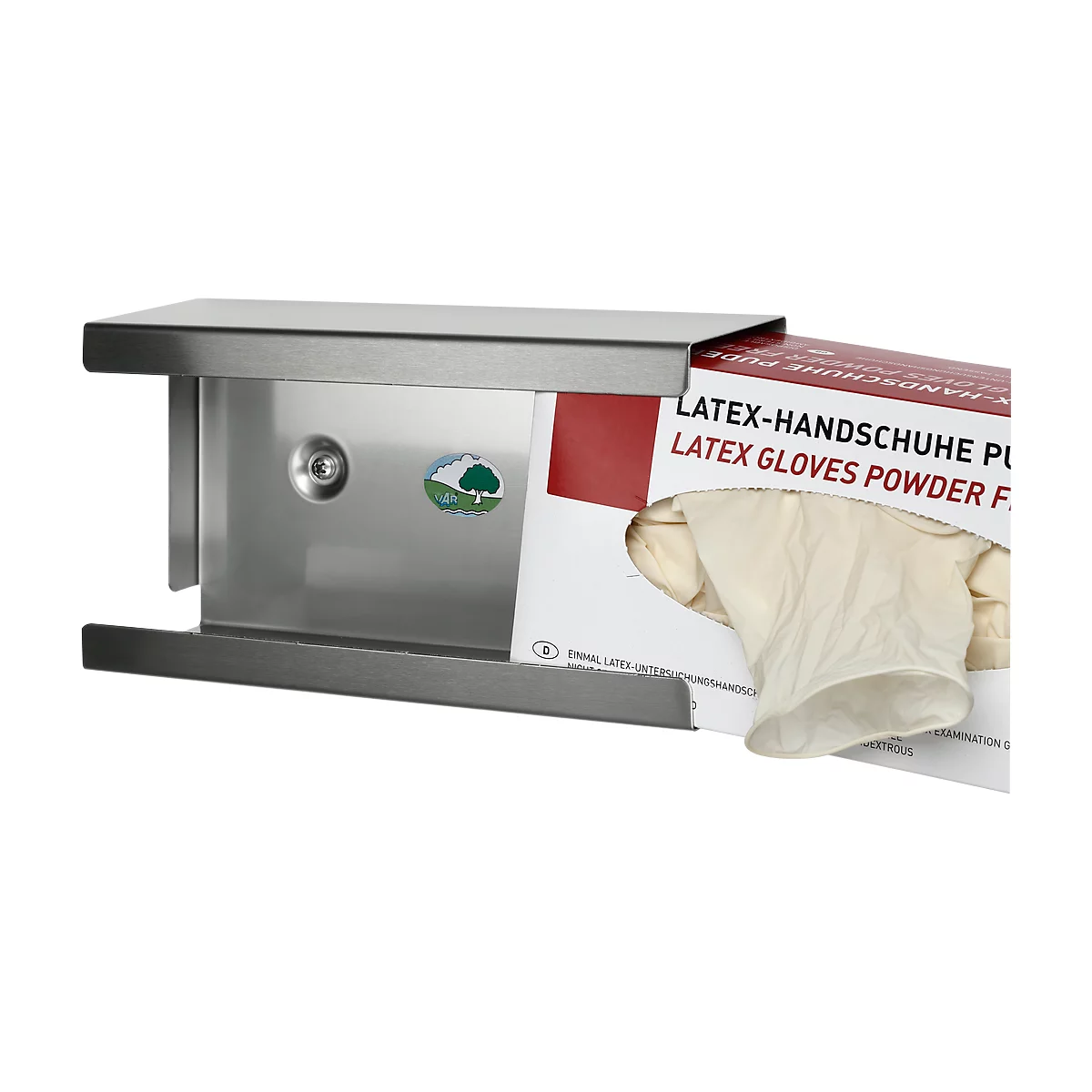 Metal glove dispenser with a box of latex gloves, labelled with German and English text. One glove is visible.