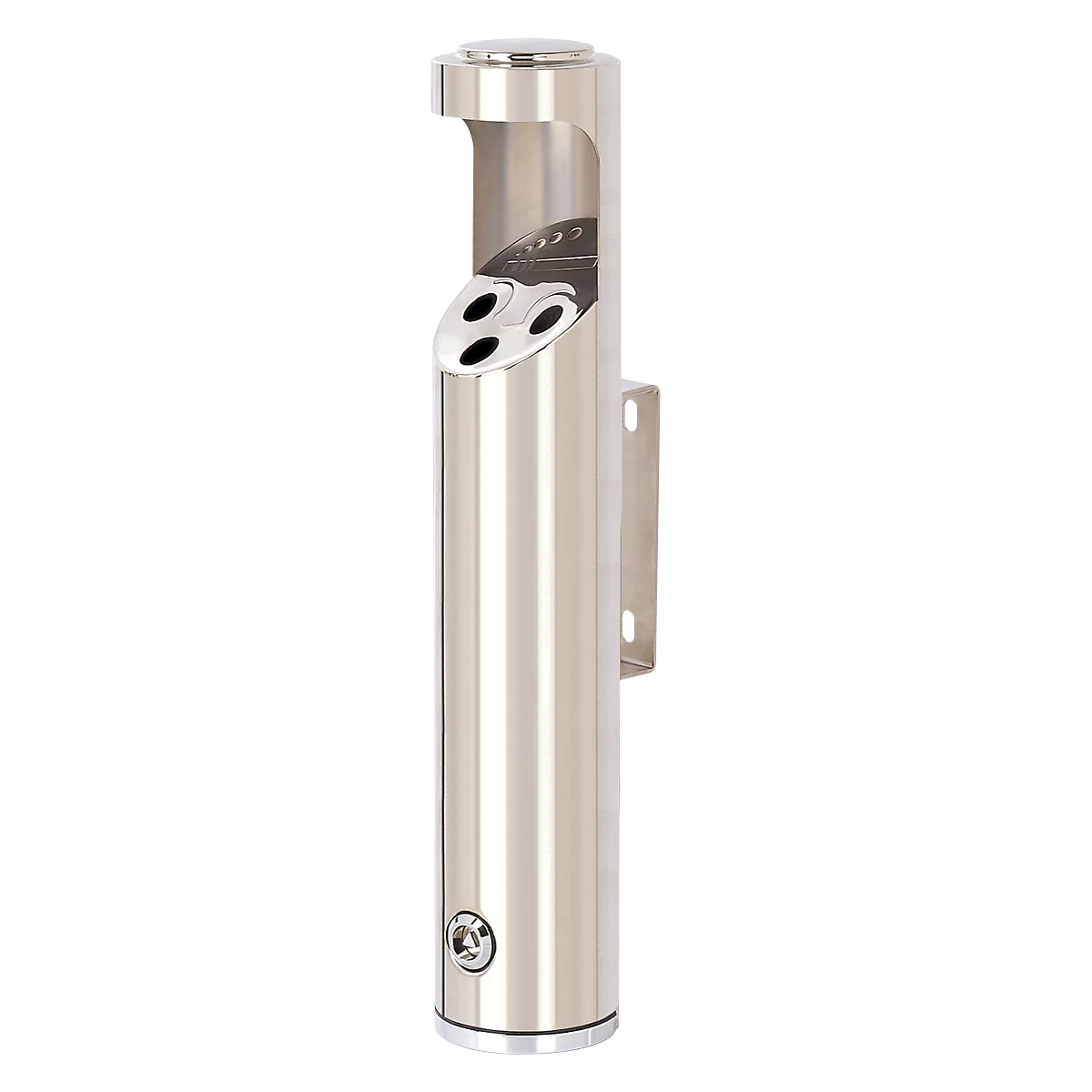 Stainless steel ashtray. Cylindrical design with three openings, wall mount.