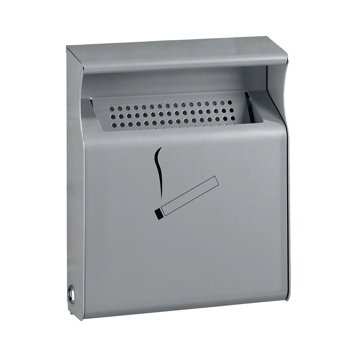 Grey wall-mounted ashtray with a cigarette symbol. There is an opening with a perforated metal grid at the top.
