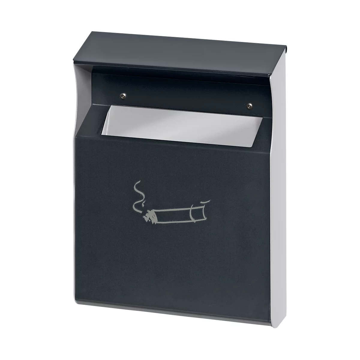 Dark gray wall ashtray with cigarette symbol. A flap at the top, white border on the right.