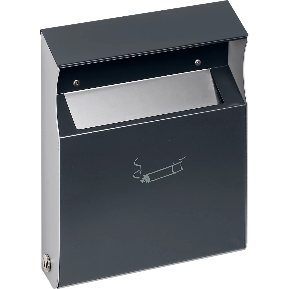 Dark grey wall-mounted ashtray with cigarette symbol. Metal. Opening at top with slightly rounded lid.