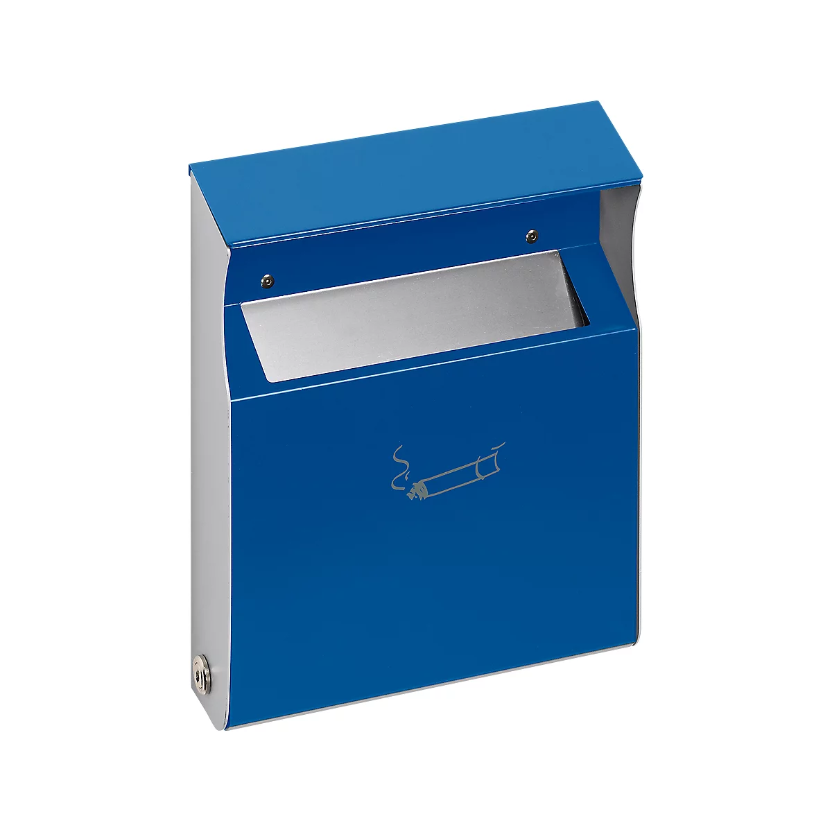 Blue and silver wall ashtray with cigarette symbol.