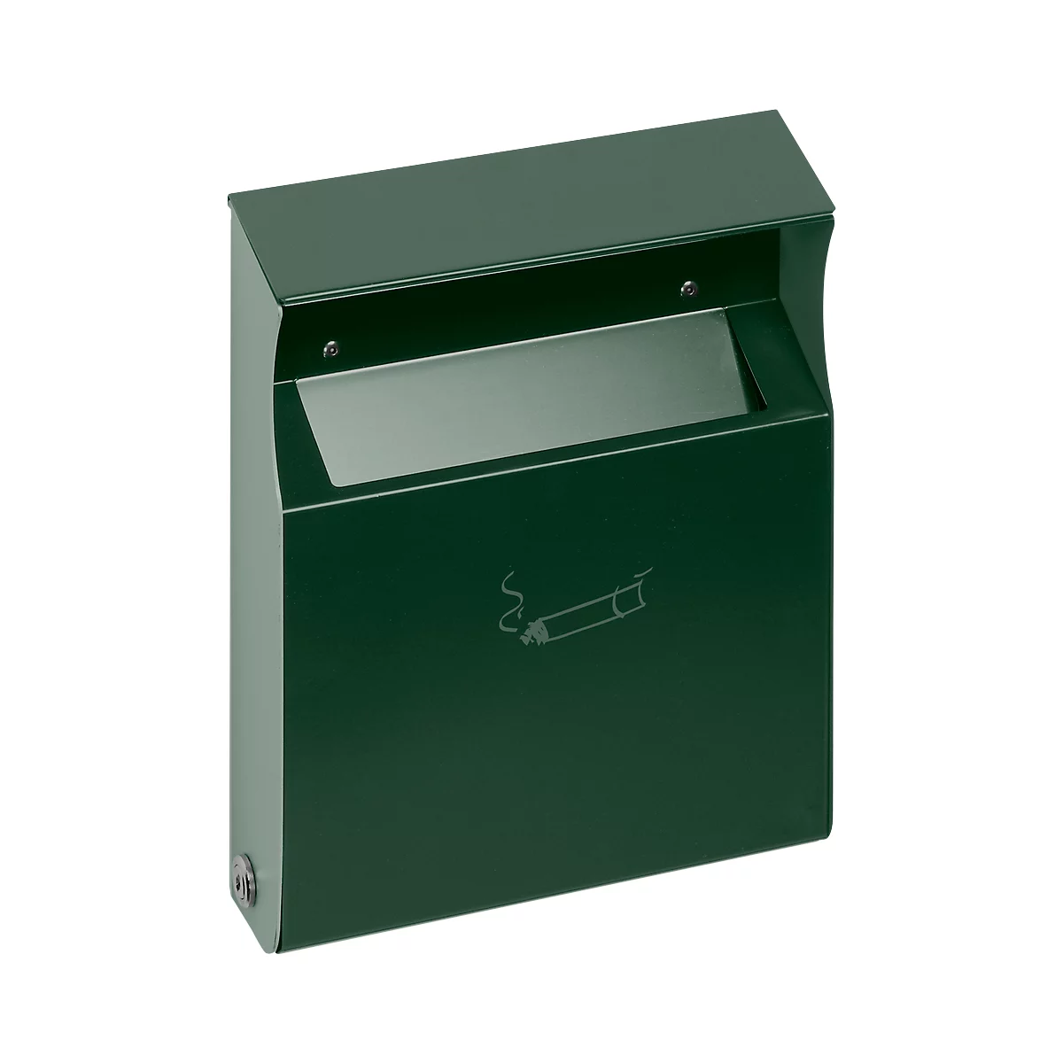 Dark green wall-mounted ashtray with lid and a cigarette symbol.