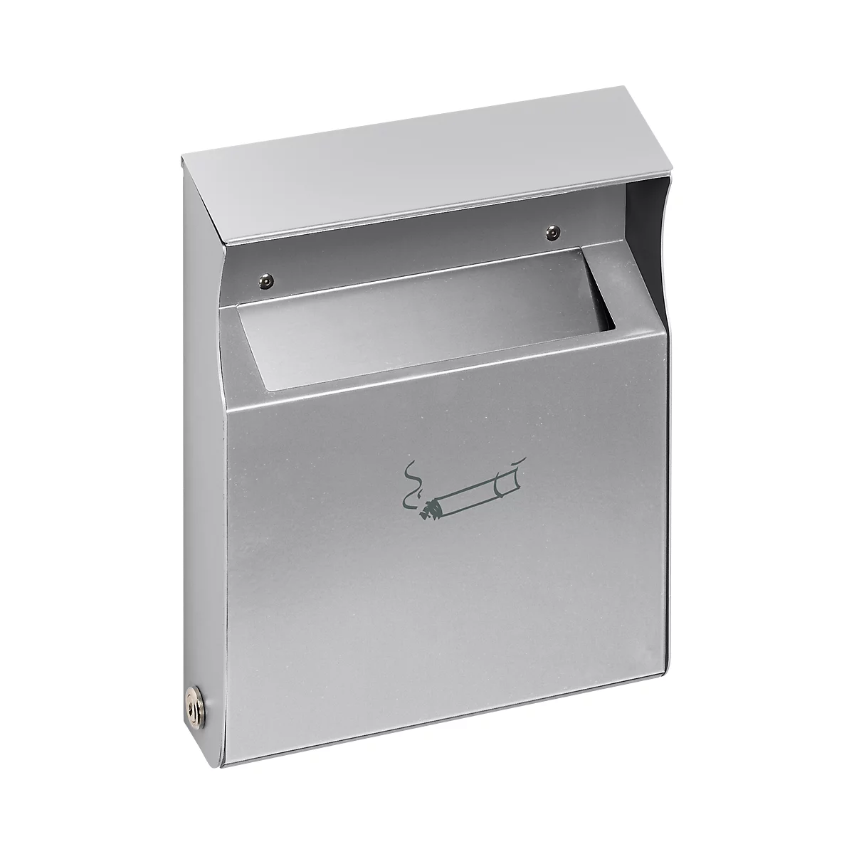 Silver wall ashtray with cigarette symbol.