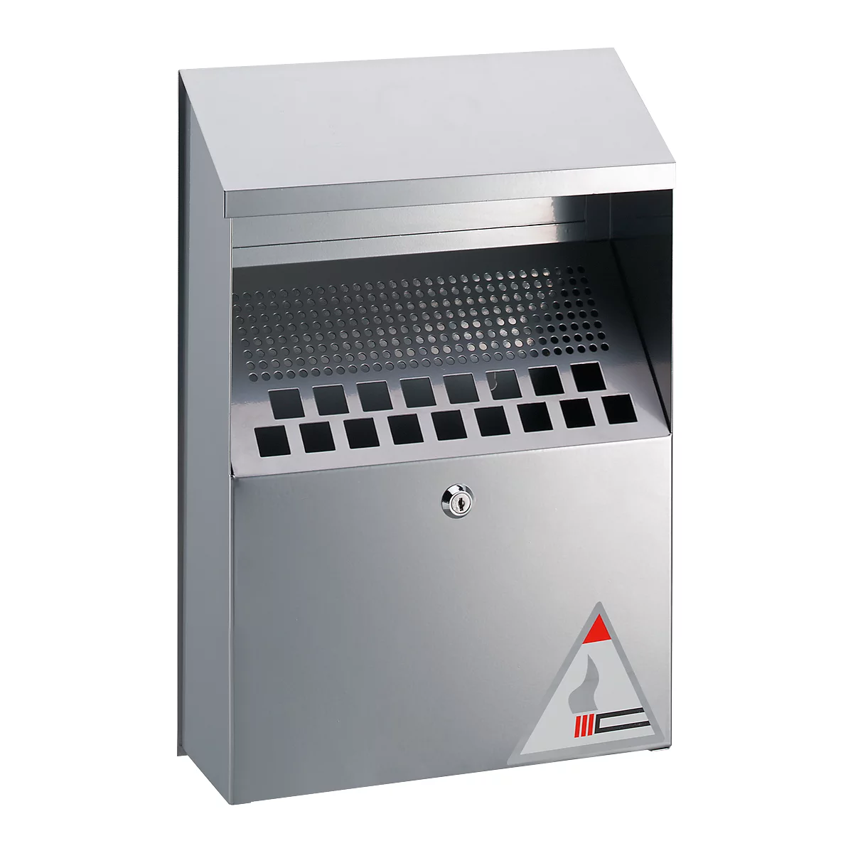 Stainless steel ashtray with holes for cigarettes. A roof at the top, a lock at the bottom, and a cigarette symbol.