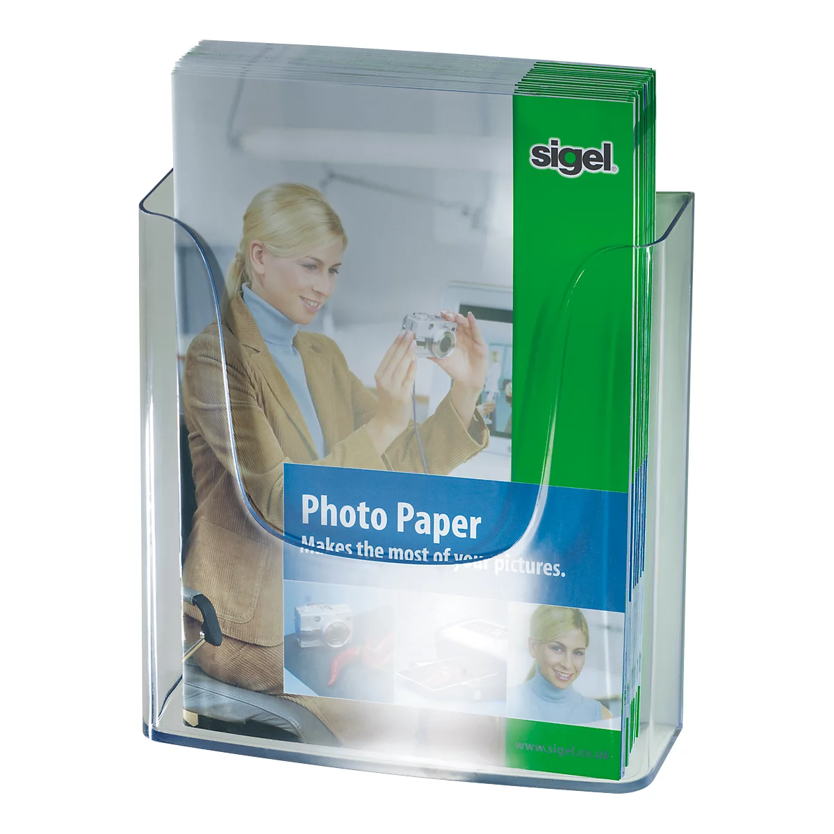 Transparent brochure holder with photo paper, showing a woman taking a photo. The holder has the Sigel logo.
