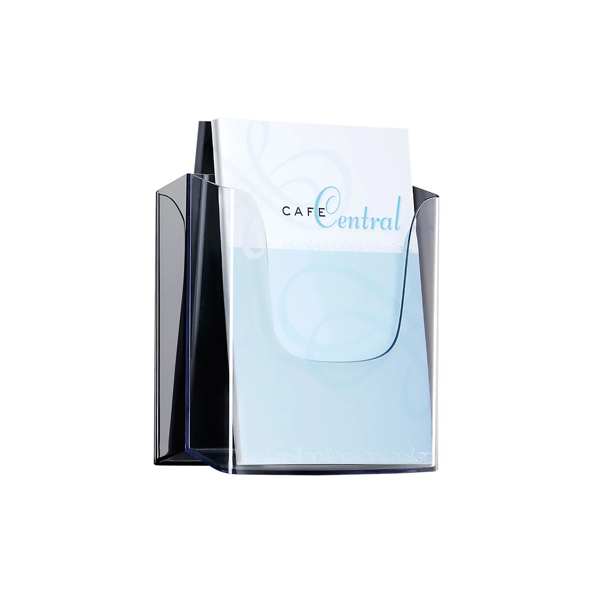 Transparent brochure holder with "Cafe Central" brochure.