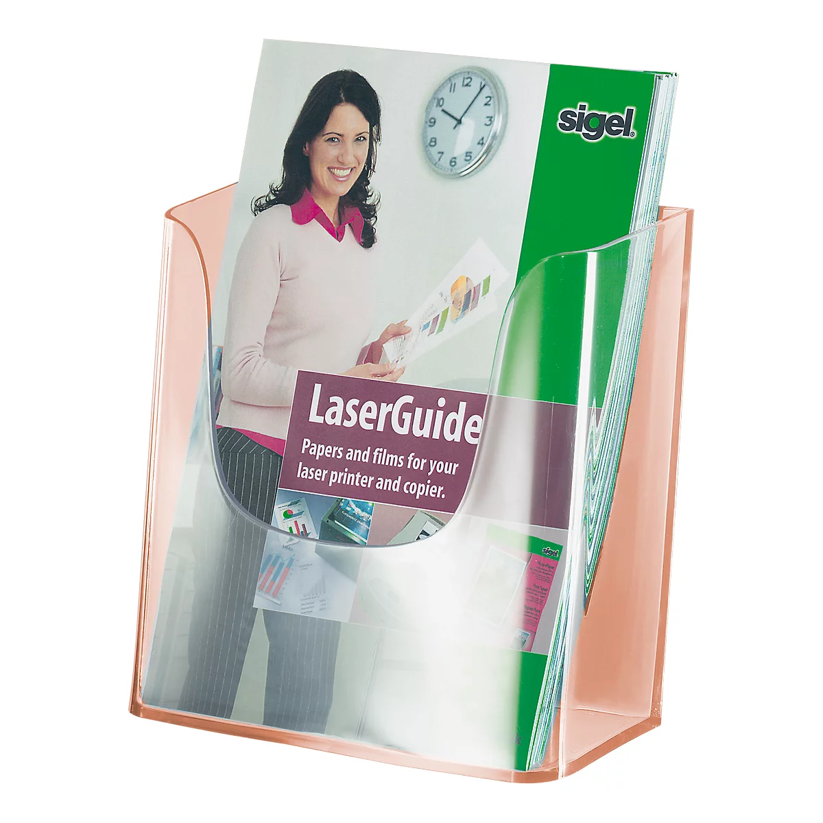Transparent brochure holder filled with brochures, a woman with a brochure in the background, and a clock face.