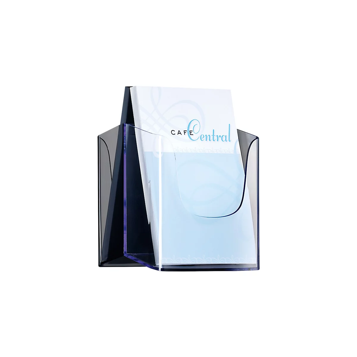 Transparent brochure holder with "Cafe Central" lettering. Blue swirls are depicted on light paper.