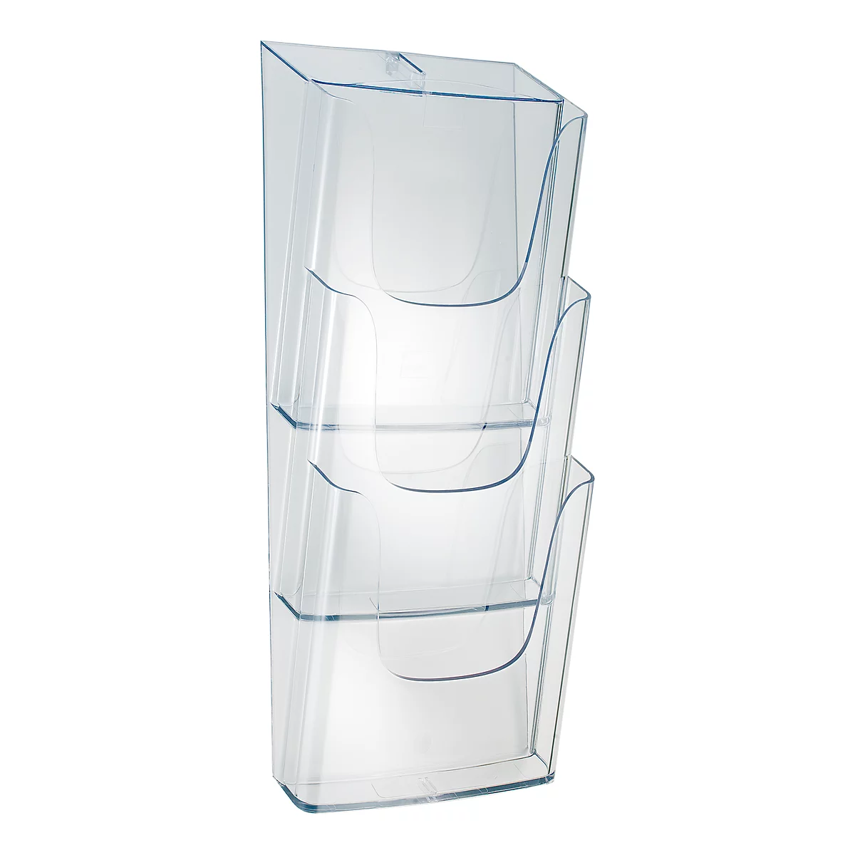Transparent wall-mounted brochure holder with three compartments.