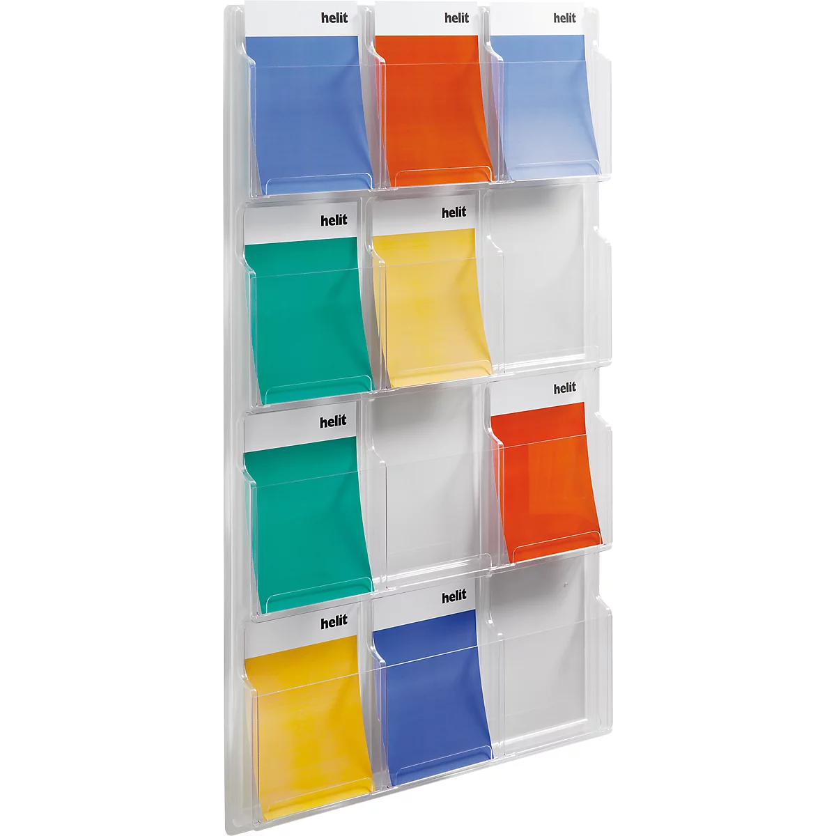 A white wall brochure holder with colored pockets. "helit" is written on each pocket.