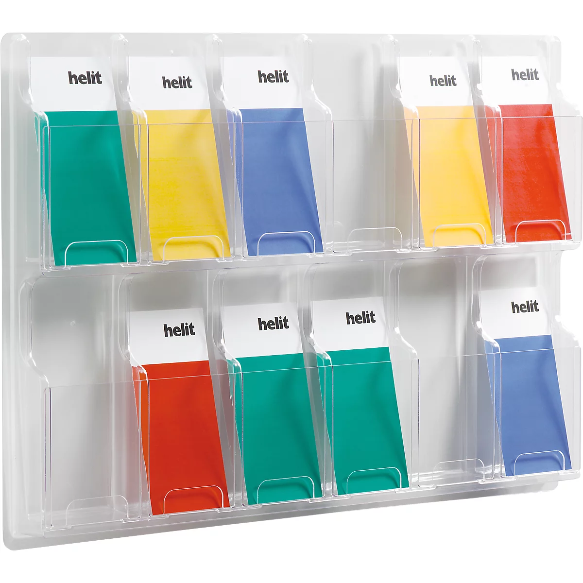 Transparent wall organizer with colored labels, featuring the word "helit."