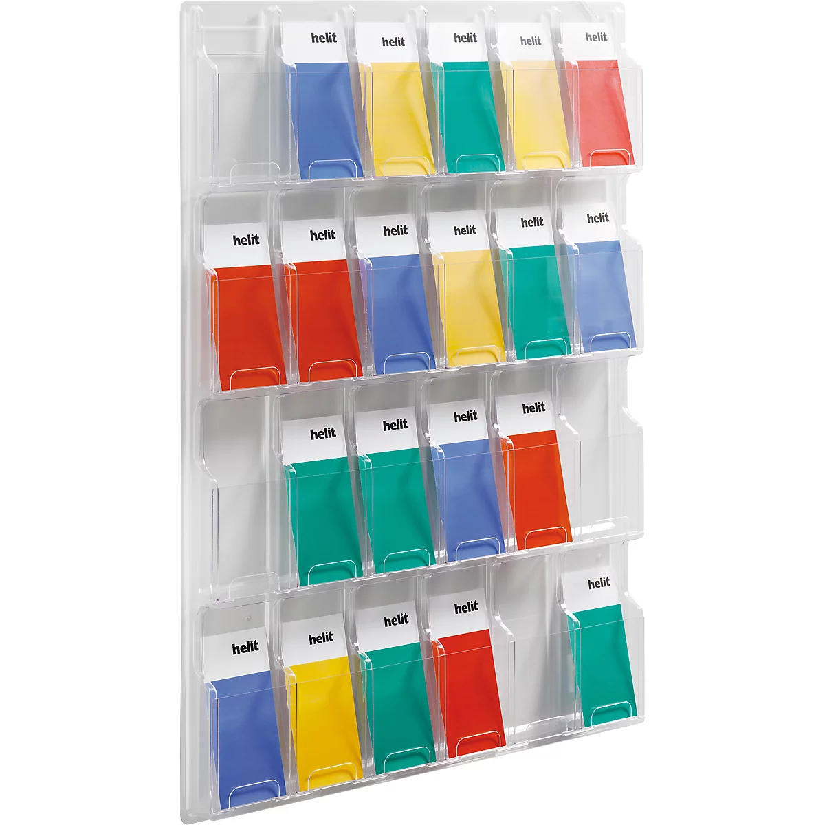Transparent wall mount with colorful cards: Blue, yellow, green, red with white 'helit' logo.