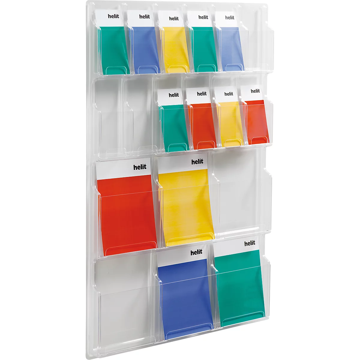 Transparent wall mount with colorful documents. Top: green, blue, yellow. Bottom: red, yellow, red. Middle: red, yellow. Bottom: blue, green.