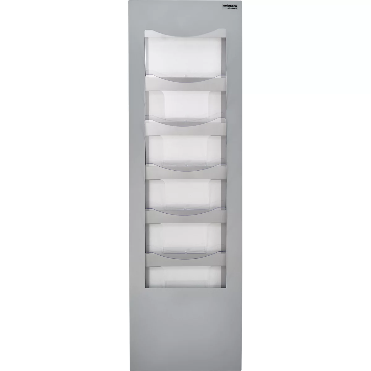 Gray wall brochure holder with six compartments. Each compartment contains a white sheet of paper.