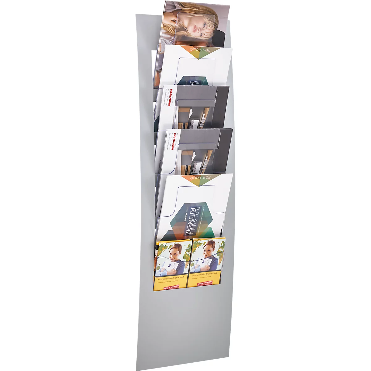 Gray, slightly curved brochure holder with multiple compartments, filled with brochures.