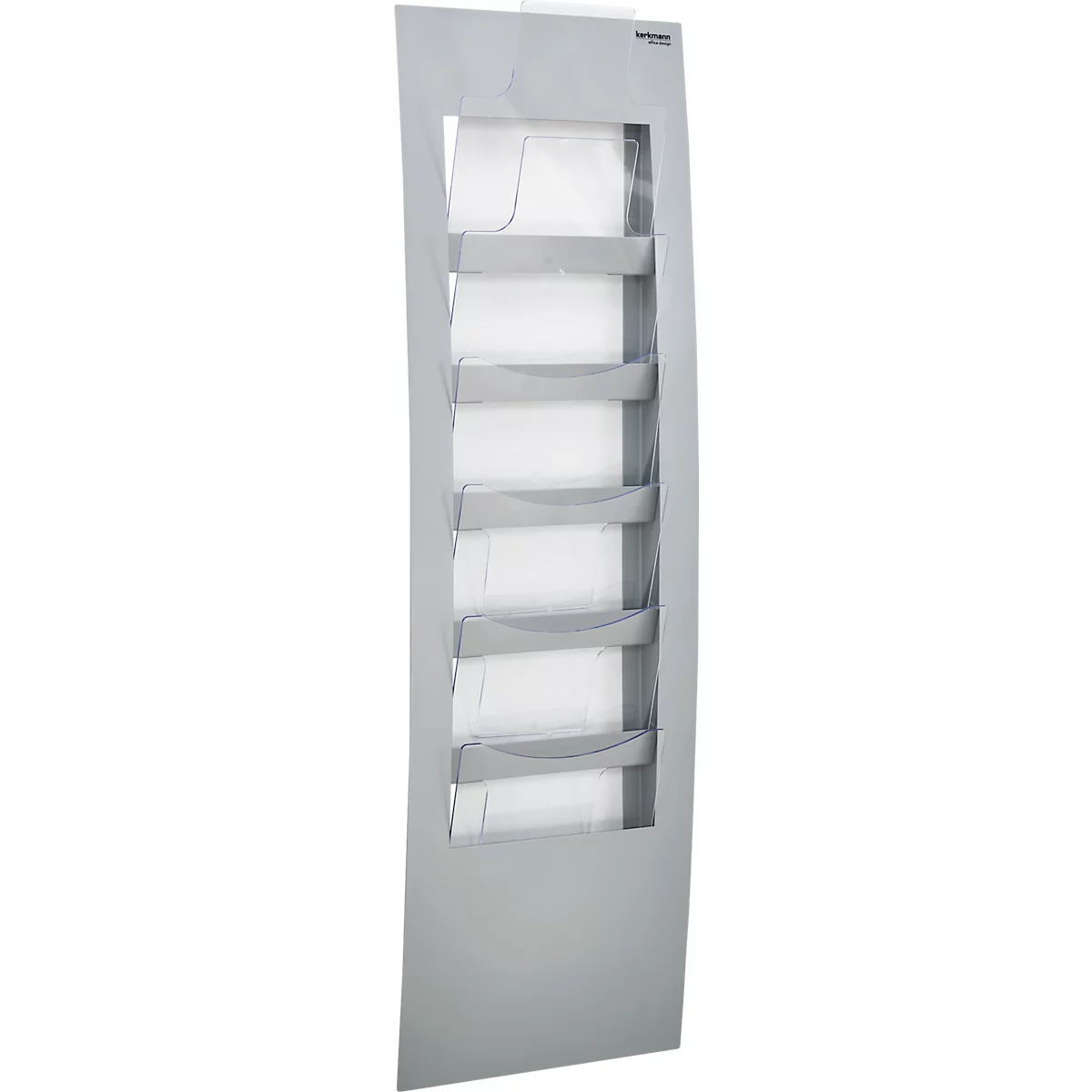 Grey flyer holder with 6 compartments. Logo on the top right. Shaped design with slightly curved lines.