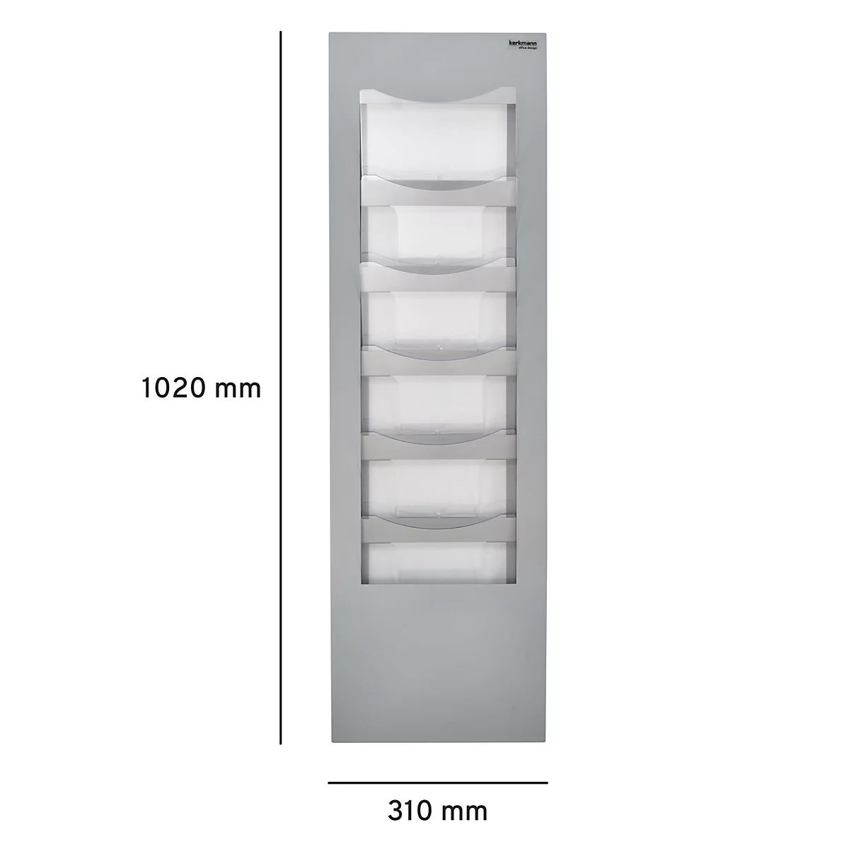 Grey brochure holder with seven compartments, dimensions 1020 x 310 mm.