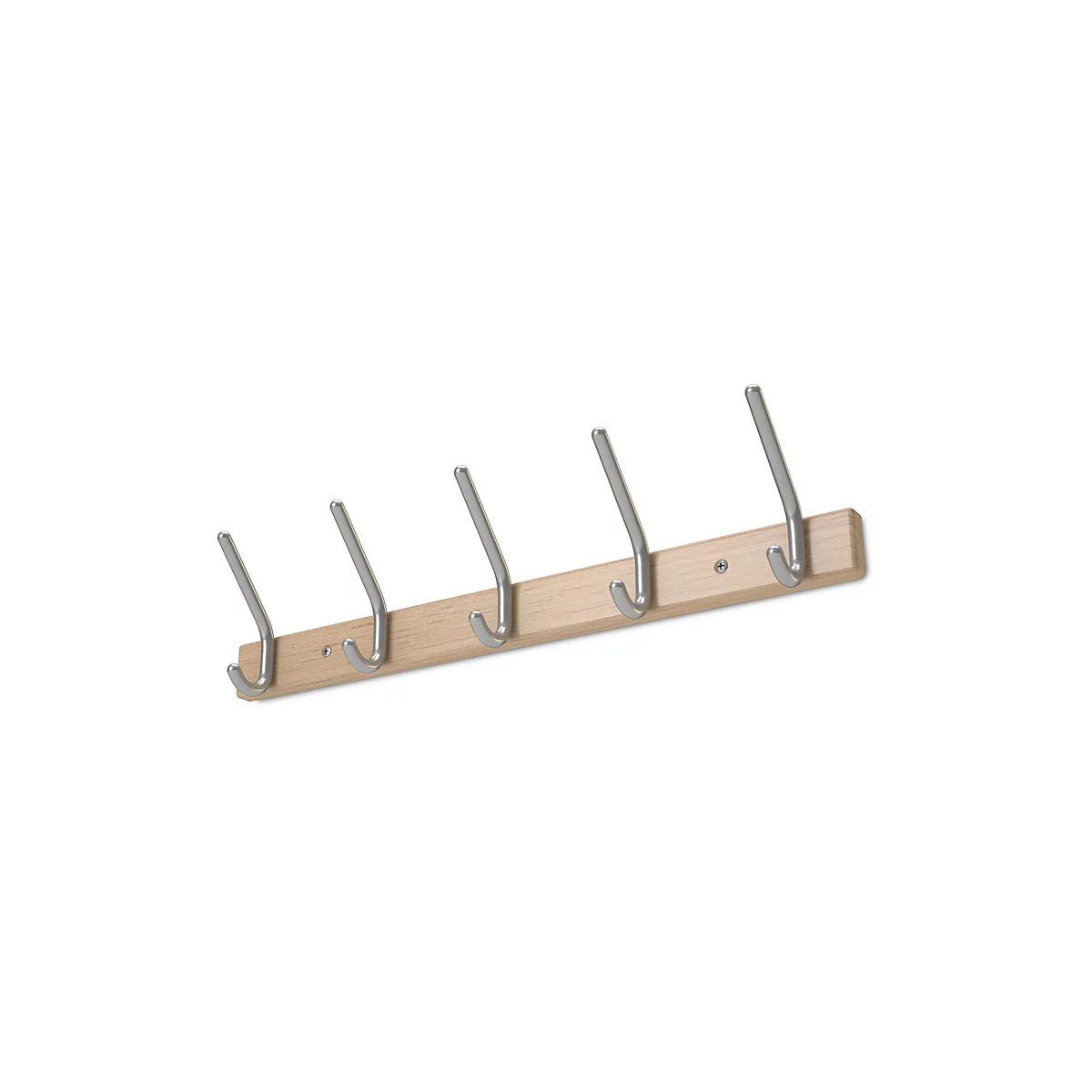 Wooden coat rack with five metal hooks.