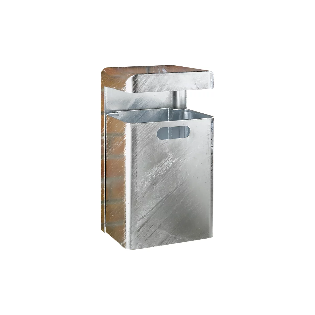Metal trash can with flap, handle hole. Wall mounting, silver color.