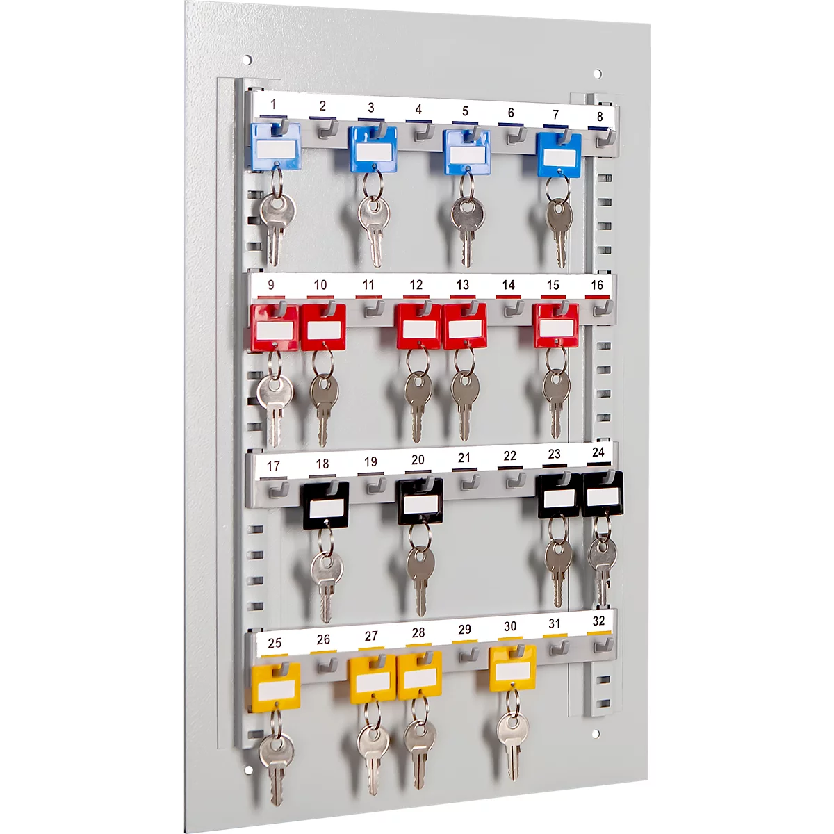 Gray key cabinet with numbered keys in various colors.