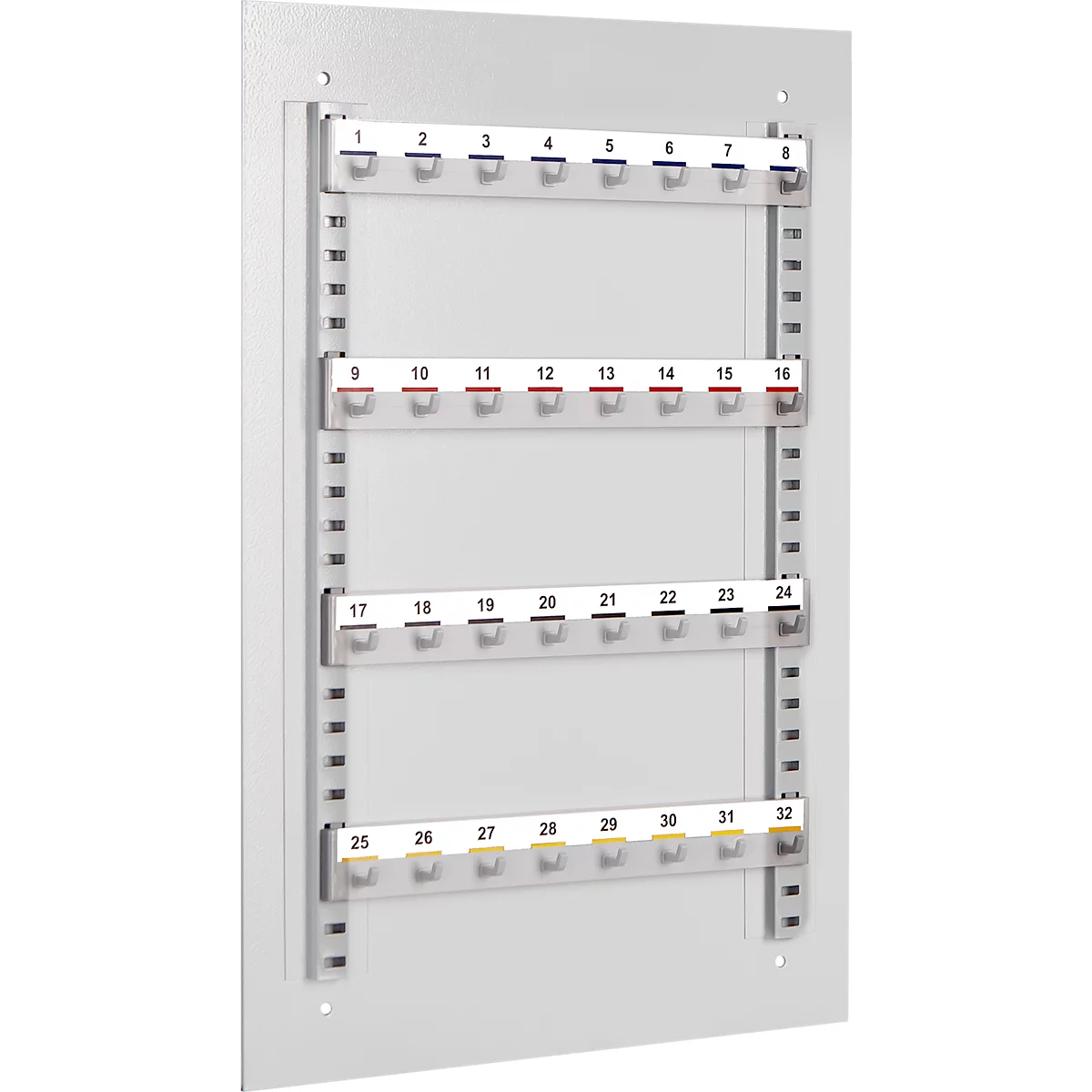 A white key storage with 32 numbered hooks.