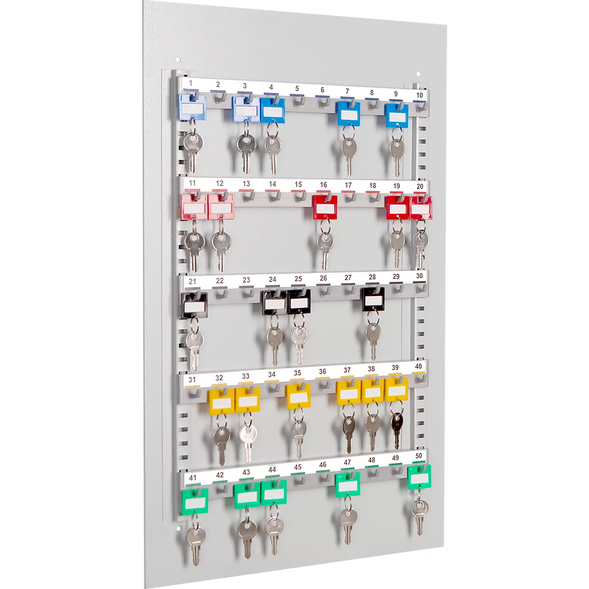 Grey key assortment with colored tags and numbered rows.